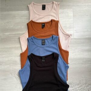 Shein Ribbed Tank Tops in Beige, Rust, Blue, and Black